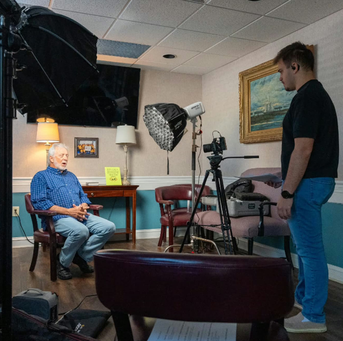 Lighting and camera setup for an interview inside a dental office