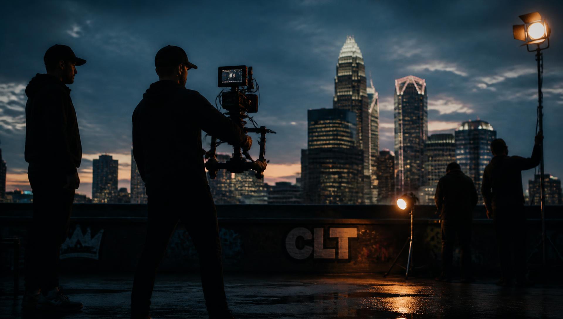Aerial view of the Charlotte skyline at dusk