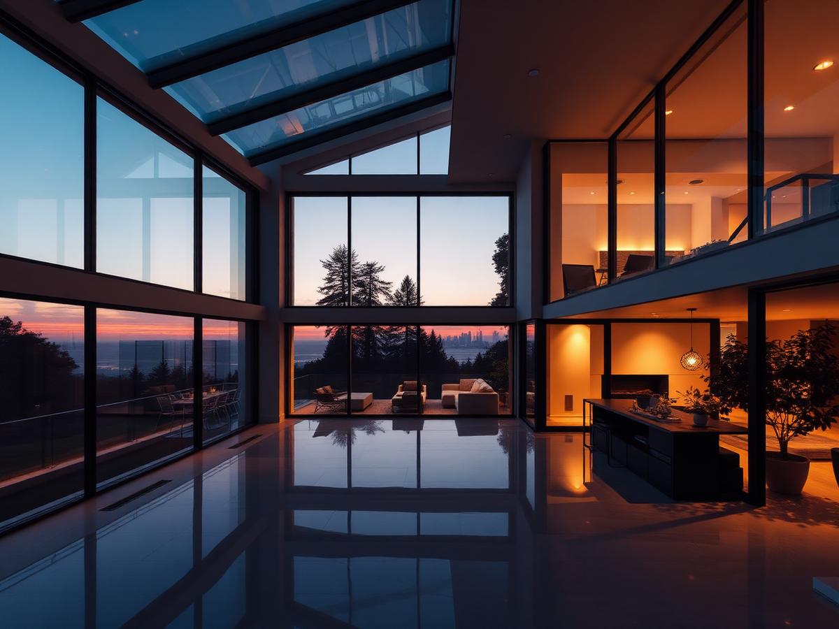 Modern architectural home photographed at dusk